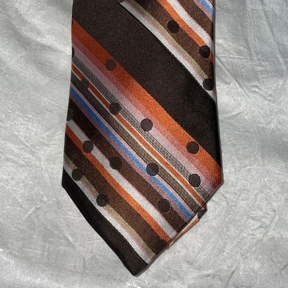Ted Baker brown & orange striped & polka dot silk tie - Picture 1 of 7
